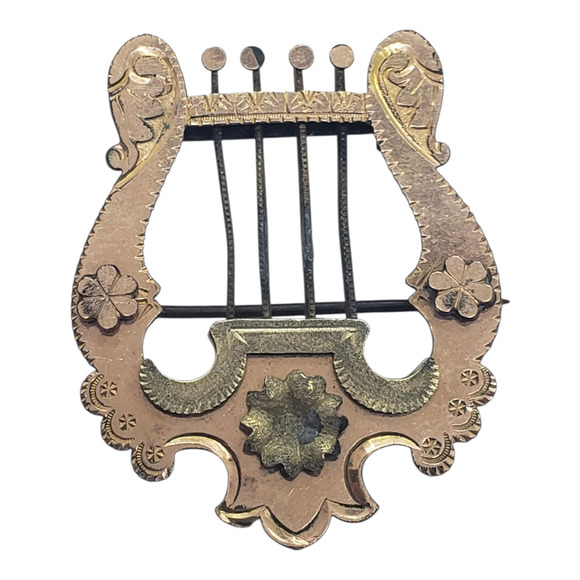 Vintage Antique Victorian Lyre Harp Brooch Pin Floral Etched Music - Picture 7 of 7
